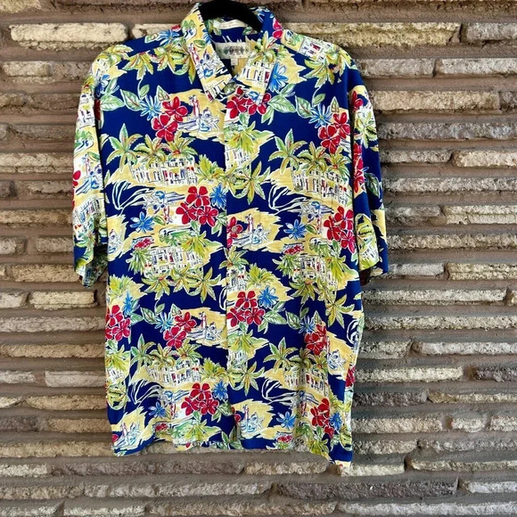 Campia Moda Vintage Hawaiian Floral Landscape 100% Rayon Camp Shirt Size Medium - Picture 1 of 7